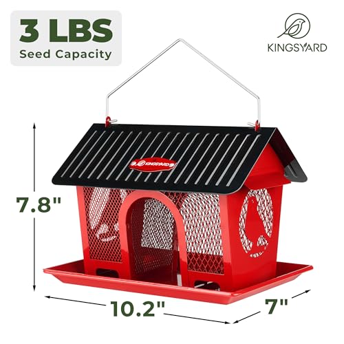 Kingsyard Bird Feeder for Outdoors Hanging, Dual-Use Metal Mesh Wild Bird Feeders with Seed Tray & Weatherproof Roof, 3 lbs Large Capacity, Red - color: Red