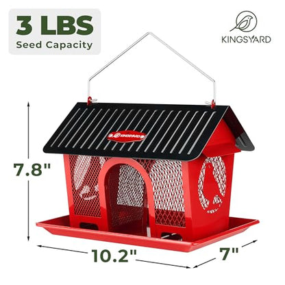 Kingsyard Bird Feeder for Outdoors Hanging, Dual-Use Metal Mesh Wild Bird Feeders with Seed Tray & Weatherproof Roof, 3 lbs Large Capacity, Red - color: Red
