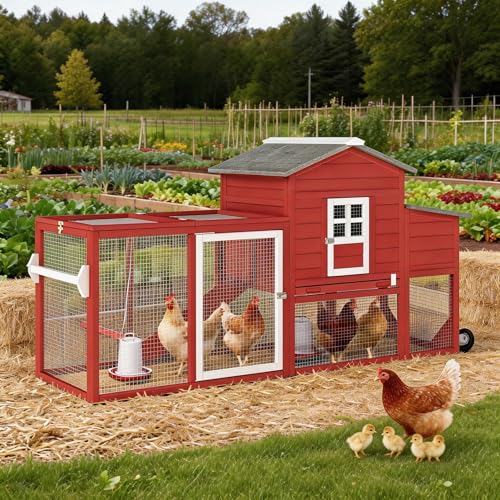 PetsCosset 79" Wooden Chicken Coop Rabbit Cage with Nesting Box, Waterproof Roof, Removable Tray, Combinable - color: Hen house-Red, size: 75.0"L x 26.0"W x 39.0"H