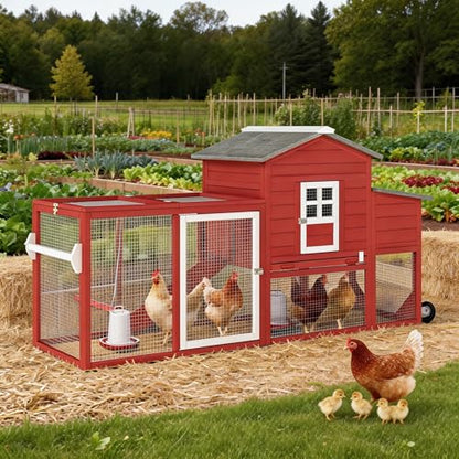 PetsCosset 79" Wooden Chicken Coop Rabbit Cage with Nesting Box, Waterproof Roof, Removable Tray, Combinable - color: Hen house-Red, size: 75.0"L x 26.0"W x 39.0"H