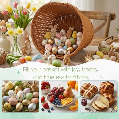 Wicker Picnic Basket, Large Empty Harvest Basket with Handle, Hand Woven Oval Willow Candy Storage Basket for Easter Eggs, Fruit, Flower, Wedding