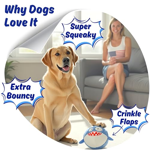 Sharky 3 in 1 Plush Shark Dog Chew Toy with Squeaky Ball Inside for Aggressive Chewers, Super Interactive No Stuffing, Strong Tough Heavy Durable, Birthday Gift Box for Small & Large Breed - color: Blue