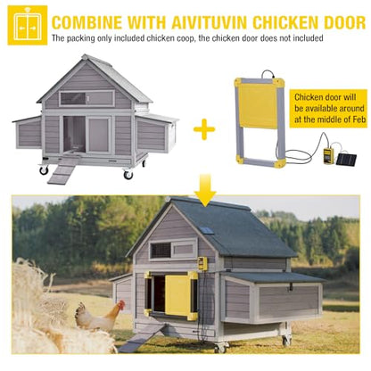 Aivituvin 63.7" Large Chicken Coop on Wheels – Movable Wooden Hen House for 3-6 Chickens with 2 Nesting Boxes, Removable Tray & Raised Design for Better Poultry Care - size: 67.3"L x 40.0"W x 49.8"H