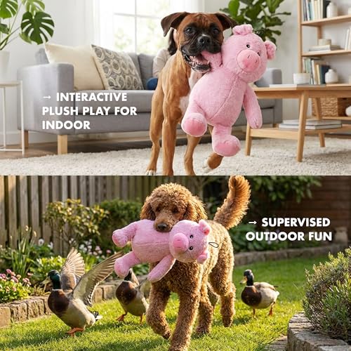 Petlou Plush Toys with Durable Squeaker and Crinkle Paper Dog Chew Toy in Colossal Size and Multi-Color (Pink Cute, 15 Inch Cut Pig)