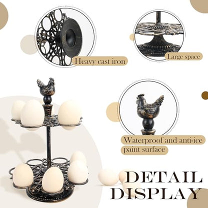 Cast Aluminum Fresh Egg Holder Countertop, Egg Holder Rack Tray for 12 Fresh Eggs, 2-Tier Egg Tray & Dispenser with Rooster Top Design, Egg Skelter for Kitchen (7.67" × 7.67" × 10.98")