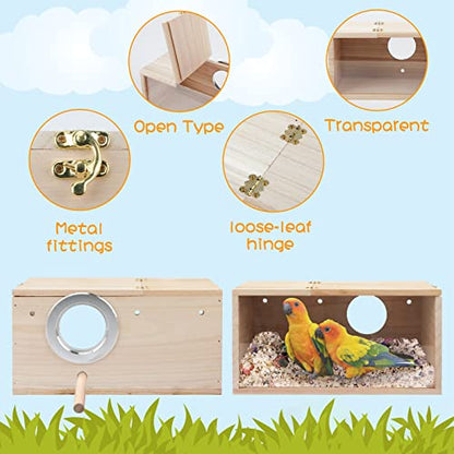 Rypet Parakeet Nesting Box Transparent Design, Thwartwise Bird Nest Breeding Box with Perch Wood Bird Cage House for Cockatiel Lovebirds Budgie Finch Parrotlets Canary M - size: Medium