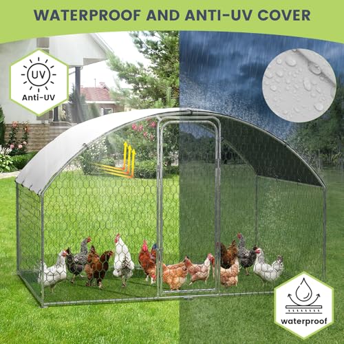 Large Metal Chicken Coop, Large Chicken Coop for Yard, Walk-in Poultry Cage with Waterproof and Anti-Uv Cover, Chicken Run for Outdoor Backyard Farm, Doom Roof, 9.8×6.5×6.5ft,Silver - size: 9.8 x 6.5 x 6.5 ft