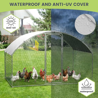 Large Metal Chicken Coop, Large Chicken Coop for Yard, Walk-in Poultry Cage with Waterproof and Anti-Uv Cover, Chicken Run for Outdoor Backyard Farm, Doom Roof, 9.8×6.5×6.5ft,Silver - size: 9.8 x 6.5 x 6.5 ft
