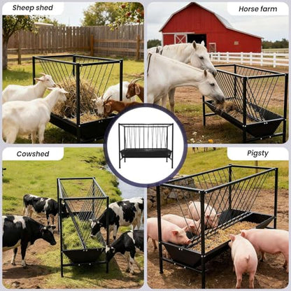 45 Gallon 2-in-1 Pasture Hay and Grain Feeder, Heavy Duty Galvanized Steel Livestock Feed Trough with 25 Gallon Pan - Rust Proof, Sturdy for Goat, Sheep, Horse, Pig
