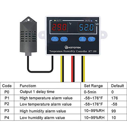 KETOTEK Temperature Humidity Controller Digital Thermostat Module 120V, Heating Cooling Humidification and dehumidification Control 110V 10A, Fahrenheit Display