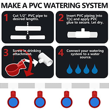 Chicken Waterer 4 Pack,Automatic Chicken Water Cup and 1/2" PVC Tee Fittings,Large Auto-Fill Chicken Waterer Cups,DIY Chicken Water Feeder, Coop Water Dispenser,Poultry Waterer Feeder Kit