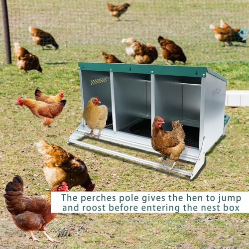 Chicken Nesting Box, 3 Holes Nesting Boxes, Heavy Duty Metal Laying Boxes, Roll Away Nesting Box Egg Collection Tray, with Roosting Pole for Chicken Coop(Green) - size: 3 Holes