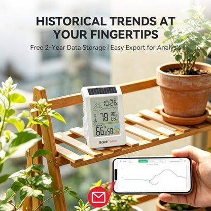 BaldrTherm WiFi Thermometer Hygrometer with Backlight, Weather & Time, Solar-Powered Indoor Outdoor Temperature Humidity Monitor with App Alerts, Weather Station for Greenhouse, Cellar & Baby Room