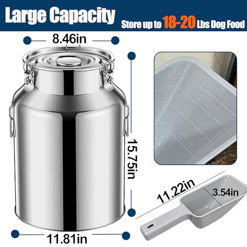 18 Lbs Stainless Steel Dog Food Storage Container with Scoop, Large Metal Dog Food Bin with Airtight Lid & Locking Clamp, Pet Food Container for Dogs & Cats, Keep Fresh, Easy to Clean - size: 18 Lbs