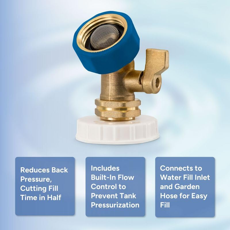 RecPro RV Hands Free Water Tank Fill | Clear Fill Tube with Brass Shut-Off Valve | Secure Fresh Water Tank Filler for RV Camper Trailer