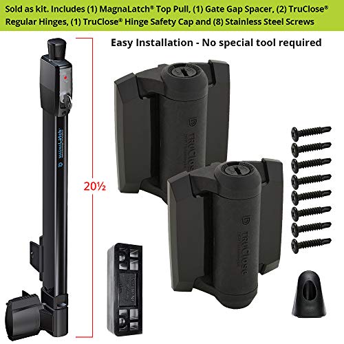D&D Technologies MLTPTCA1CAPSPKA Pool Safety Gate Hardware Kit with MagnaLatch Top Pull 20-inch Gate Latch, Self-Closing TruClose Hinges and Safety Cap for Child Protection & Spacer for 2" Gate Gaps
