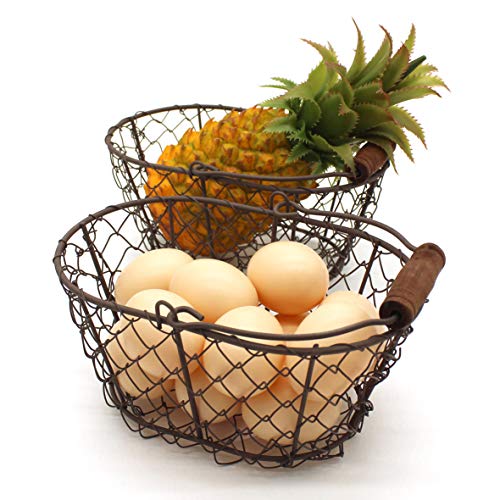 CVHOMEDECO. Metal Wire Small Egg Baskets Rust Fruit Baskets with Wooden Handle Country Vintage Style Storage Baskets. Set of 2