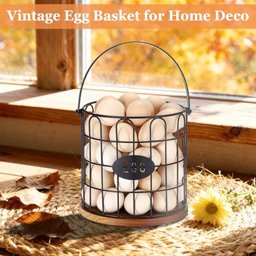 7'' Farmhouse Eggs Basket for Gathering Fresh Eggs, Countertop Egg Holder with Handle, Metal Wire Egg Baskets with Wooden Base for Coop Eggs Storage & Counter Decor(Style 1-Straight) - style: Style 1( Straight )