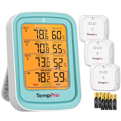 TempPro 500FT Indoor Outdoor Thermometer Wireless with 3 Remote Sensors, Temperature and Humidity Gauge Monitor Room Thermometer Inside Outside, Batteries Included (Previously ThermoPro) - color: Blue