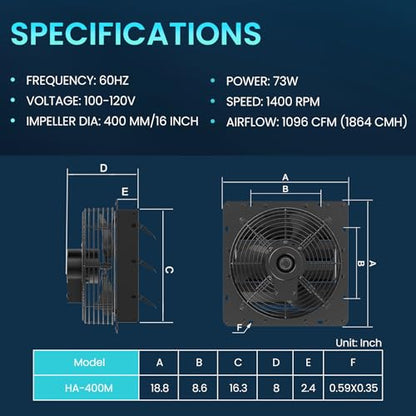 HG Power 16 Inch Shutter Exhaust Fan with Speed Controller, 1096 CFM High-Speed Vent Fan, Wall Mounted Attic Fan for Shed, Basement, Gable, Chicken Coop Ventilation Use, Black - size: 16 Inch w/ Speed Controller