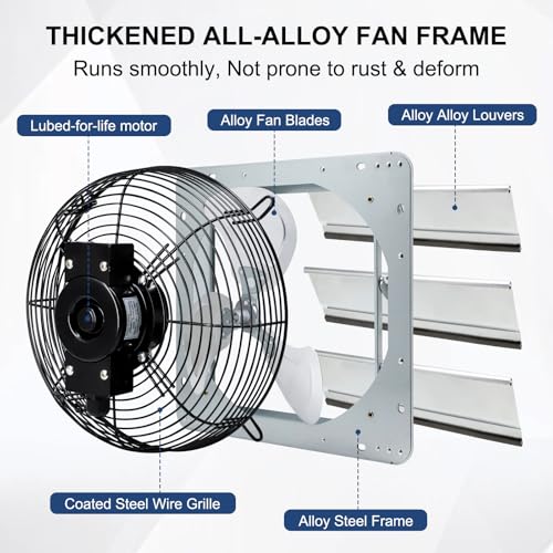 Cracubit Criditpid 7 Inch Shutter Exhaust Fan, Garage Exhaust, Wall Exhaust Fan with Adjustable Thermostat Switch for Gable, Shed, Garage, Basement, Greenhouse, Kitchen, Attic - color: Silver Shutter Exhaust Fan