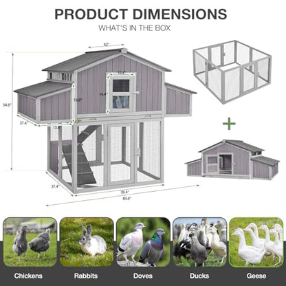 Large Chicken Coop for 6-8 Chickens, Double Folding Wooden Chicken House with 2 Nesting Boxes, Reinforced Iron Frame, Pull-Out Tray & Waterproof Roof, Outdoor Poultry Cage - color: Grey (AIR66)