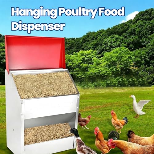 Generic Galvanized Chicken Feeder, Wall Mount Hanging Automatic Poultry Feeder with Lid Weatherproof Powder Coated No Waste, for Outside Coop 10lbs Capacity