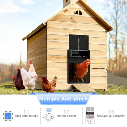 Automatic Chicken Coop Door, Programmable via App Timer, Solar/Battery/Grid Powered Design with Anti-Pinch Protection, Waterproof Aluminum Auto Door for Chickens & Ducks,Plug & Play Setup - GRUBSFARM