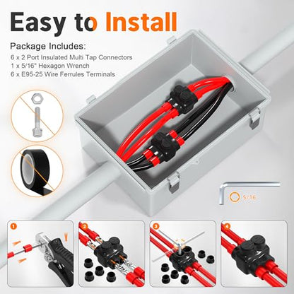 2 Port Insulated Multi Tap Connector 250MCM-6 Gauge Wire Connectors Aluminum to Copper Wire Connectors Dual Entry Black Electrical Cable Connectors with Slotted Allen Hex - 6 Pack - size: 250MCM-6 AWG