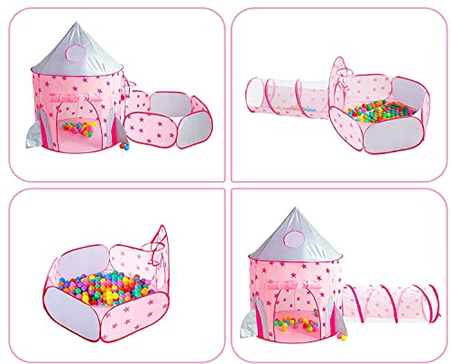 Piggy Poo and Crew Rocket Pop Up Tunnel and Tent Includes 50 Ball Pit Balls for Dogs Pigs Rabbits Cats Small Animals - color: Pink