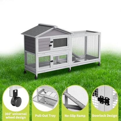 Rabbit Cage with Ramp & Waterproof Roof, Bunny Hutch for Indoor/Outdoor, 2-Story Design, Rabbit Hutch with 6 Lockable Caster Wheels & Three Pull-Out Trays（63.2" l x 22.4" w x 37"）