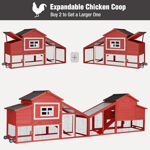 Chicken Coop with Wheels, Mobile Outdoor Chicken House with Leakproof Pull-on Tray, Nesting Box, Waterproof Roof - Red - color: Red