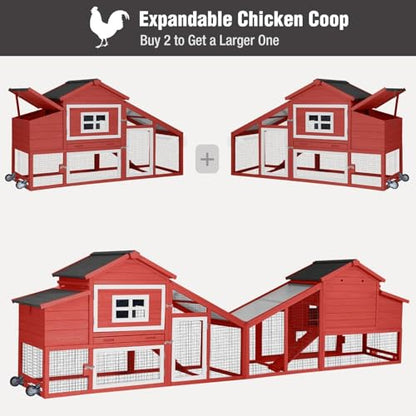 Chicken Coop with Wheels, Mobile Outdoor Chicken House with Leakproof Pull-on Tray, Nesting Box, Waterproof Roof - Red - color: Red