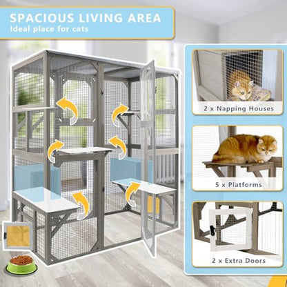 Ketive Catio Outdoor Cat Enclosure Large Window Cat House Walk in Kitty Cage with Multi-Level Platforms, Waterproof Roof for Mulitiple Cats (59" L x 29.5" W x 67.7" H) - size: 59.0"L x 29.5"W x 67.7"H