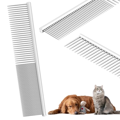 Pet Grooming Comb with Rounded Ends Stainless Steel Teeth for Dogs & Cats,Wide & Dense Teeth for Removing Tangles, Knots,Undercoat,Flea,Face,Chin,Tear Stain,Excess Hair,Metal Dematting Tool Pet Gift - color: Silver, size: 7.4 Inch X 1.3 Inch
