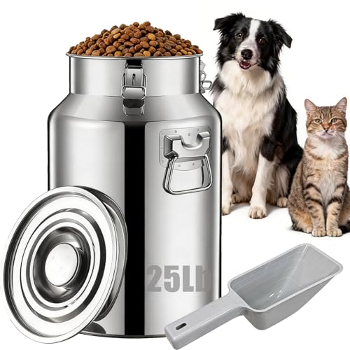 25 Lbs Stainless Steel Dog Food Storage Container with Scoop, Large Metal Dog Food Bin with Airtight Lid & Locking Clamp, Pet Food Container for Dogs & Cats, Keep Fresh, Easy to Clean - size: 25 Lbs