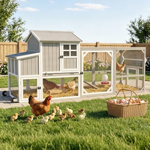 Large Chicken Coop with Run & Wheels, Portable Outdoor Hen House for 3-6 Chickens, 3 Nesting Boxes, Quail Hutch & Poultry Cage, Removable Tray & Ramp (95.3" L Grey) - size: 95.3"L x 31.5"W x 45.0"H