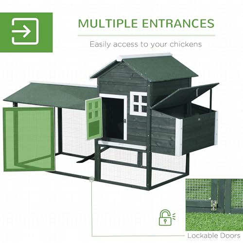 PawHut 84" Wooden Chicken Coop, Hen House Outdoor with Run Nesting Box, Asphalt Roof, Removable Tray, Ramp, Poultry Cage for 2-3 Chickens, Green - color: Green