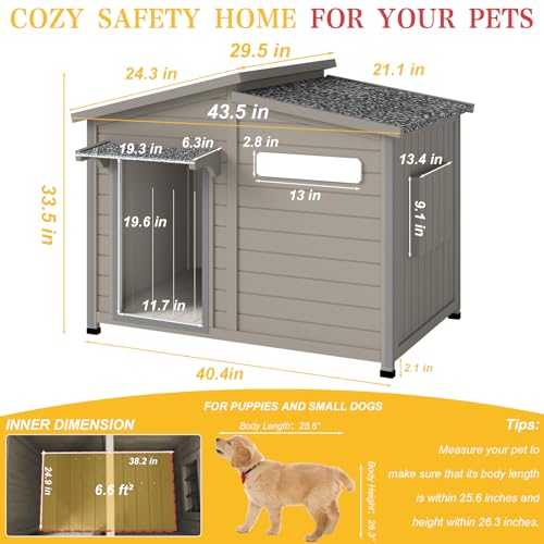 Ketive 43" L Outdoor Extra Large Dog House with Removable Floor, Raised Feet, Anti-Chewing Iron Frame – Wooden Kennel with Asphalt Roof, Window for Indoor/Outdoor Use, Ideal for Medium to Large Dogs - style: 43.5" L x 29.5" W x 33.5" H