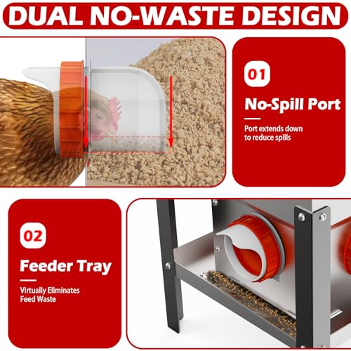 35LB Large Automatic Chicken Feeder- 4 Ports Metal Chicken Feeders, Dual No Waste Design with Locking Lid & Riveted Handles, Rainproof Poultry Feeder for Chickens, Ducks, Geese - size: 4 Ports