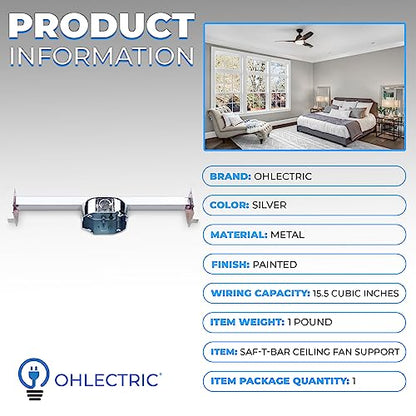 OHLECTRIC Saf-T-Bar for Ceiling Fan and Light Fixture - Ceiling Fan Mounting Bracket for Engineered Truss with 1-1/2 Inch Deep Box - for New Construction Or Remodelling in Accessible Attic - size: Saf-T-Bar