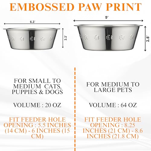 2-Pack Stainless Steel Dog Bowls, 9" Wide, 3" Height ~ Pet Food, Water Dish fits Raised Pet Feeder with Hole Width 8.3" to 8.7" - color: Double Pack, size: 8 cup (Embossed)
