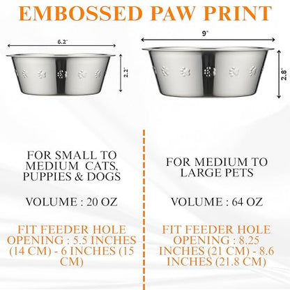 2-Pack Stainless Steel Dog Bowls, 9" Wide, 3" Height ~ Pet Food, Water Dish fits Raised Pet Feeder with Hole Width 8.3" to 8.7" - color: Double Pack, size: 8 cup (Embossed)