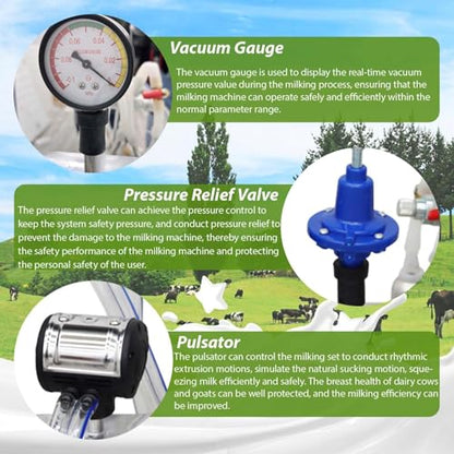 25L Electric Cow Goat Milking Machine Portable Oil-Free Vacuum Pump Milker 1440 RPM Suction Pump with 304 Stainless Steel Bucket and Regulator Farm Supply