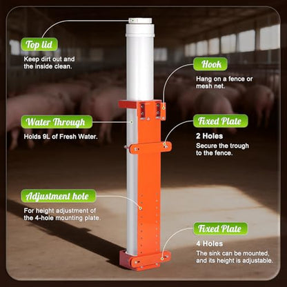 Hanging Vertical Pipe Waterer with Steel Nipples Adjustable Height | Easy Mounting Automatic Pig Waterer for Pigs & Other Livestock, Durable PVC Material, 9l Large Capacity