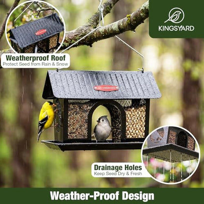 Kingsyard Bird Feeder for Outdoors Hanging, Dual-Use Metal Mesh Wild Bird Feeders with Seed Tray & Weatherproof Roof, 3 lbs Large Capacity, Black - color: Black