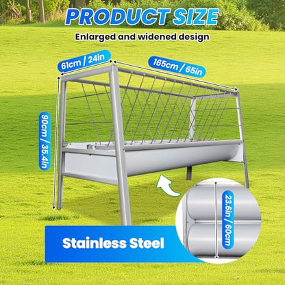 99 Gallon Goat Hay Feeder, 35.4" Height 65" Length Goat Feeder, Hay Rack Stainless Steel Hay and Grain in One, Hand-Powered Feeding Station for Goats, Sheep, Horses