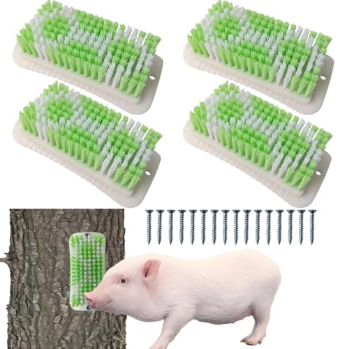 4PCS Pig Enrichment Toy,2-in-1 Self-Grooming and Scratch Brush for Mini Pigs,Reduces Stress,Mini Pigs Self Cleaning Slicker Brushes,Green & White Diamond Pattern,Easy Install for Pens Barns or Yards