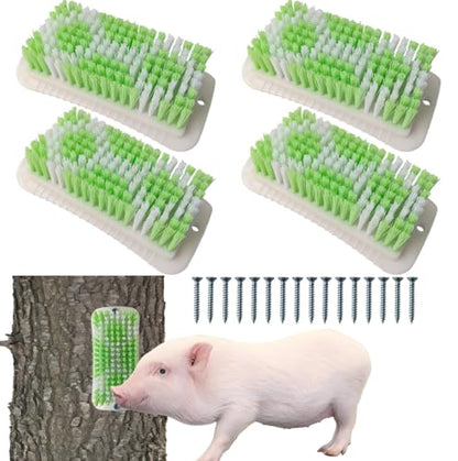 4PCS Pig Enrichment Toy,2-in-1 Self-Grooming and Scratch Brush for Mini Pigs,Reduces Stress,Mini Pigs Self Cleaning Slicker Brushes,Green & White Diamond Pattern,Easy Install for Pens Barns or Yards