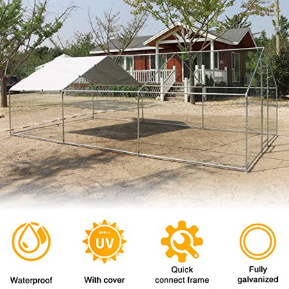 NUGRIART Large Metal Chicken Coop Walk-in Poultry Cage Hen Duck Run House with Waterproof & Anti-UV Cover Galvanized Rabbits Habitat Spire Shaped Cage for Outdoor Yard Farm Use - size: 19.7' L x 9.8' W x 6.56' H